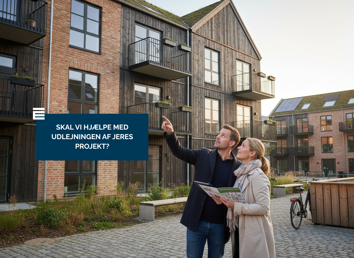 Projektudlejning hos Taurus – par på boligjagt står foran nyt boligbyggeri med brochure. Tekstfelt med spørgsmålet: Skal vi hjælpe med udlejningen af jeres projekt?